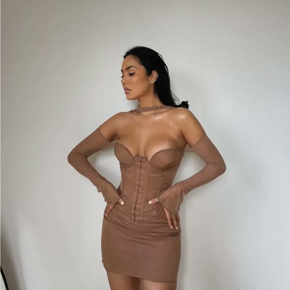 House of CB Mayara Mocha Mesh Structured Corset Mini Dress - Picture 10 of 16